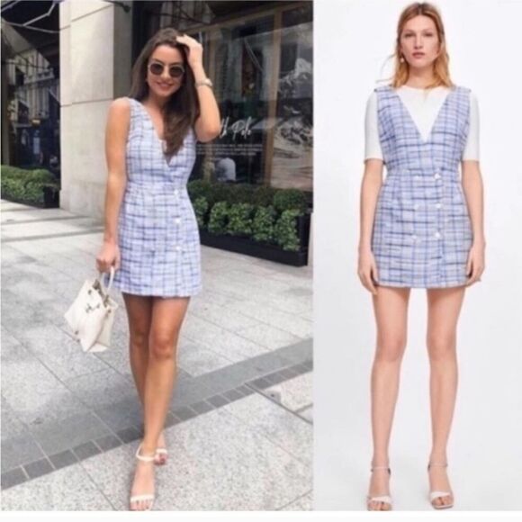 Zara Checked Pinafore Blue Tweed Dress Size Medium - Picture 1 of 9